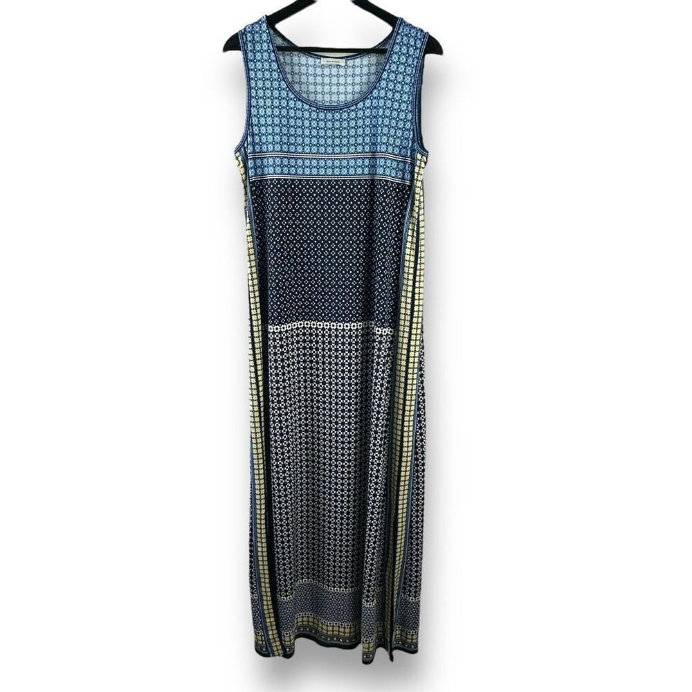 Max Studio Women's L Sleeveless Batik Print Maxi Dress Blue Diamond Geo Stretch